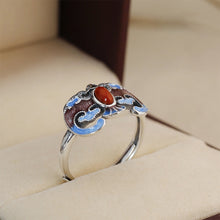Load image into Gallery viewer, Antique Chinese Enamel Ring Adjustable Vintage S925 Silver Red Agate Bat Design with Gift Box Certificate Packaging

