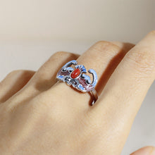 Load image into Gallery viewer, Antique Chinese Enamel Ring Adjustable Vintage S925 Silver Red Agate Bat Design with Gift Box Certificate Packaging

