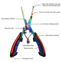 Load image into Gallery viewer, Stainless Steel Color Titanium Dual-Color Eagle Mouth Fish Control Pliers Multifunction Hook Remover Line Cutter Split Ring Opener Lure Pliers Fishing Accessory
