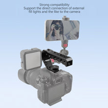 Load image into Gallery viewer, Camera Cage Top Handle with 3/8" ARRI Locating Pins with 1/4" 3/8" Threads Hole &amp; 5 Cold Shoes Mount for DSLR Cages Video Rigs
