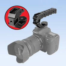Load image into Gallery viewer, Camera Cage Top Handle with 3/8" ARRI Locating Pins with 1/4" 3/8" Threads Hole &amp; 5 Cold Shoes Mount for DSLR Cages Video Rigs
