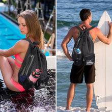 Load image into Gallery viewer, Mesh Swimming Bag Drawstring Backpack with Pocket Beach Backpack for Gym Exercise Equipment Storage Bag
