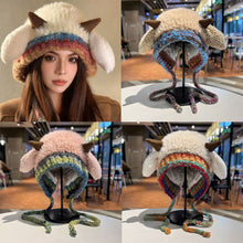 Load image into Gallery viewer, Winter Cute Little Sheep Ear Hat Thick Plush Knitted Hat Girls Winter Warm Ear Protection Beanies Hat Women Comfortable Horn Pullover Hats
