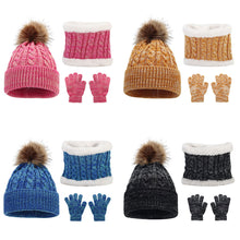 Load image into Gallery viewer, 3Pcs Set Hat Winter Knitted Hat Big Hair Ball Warm Pile Intensification Boys and Girls Winter Knitted Hat Scarf and Gloves
