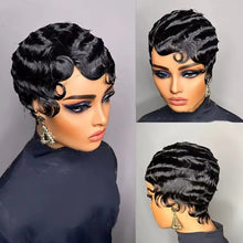 Load image into Gallery viewer, Retro Black Ocean Wave Human Hair Wig Short Pixie Cut Finger Wave Style Wig Finger Wave Wig Short Pixie Cut Women Wigs
