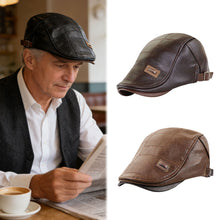 Load image into Gallery viewer, Men Retro PU Leather Newsboy Cap Adjustable Flat Peaked Cap Autumn Winter Faux Leather Beret Hat For Middle Aged Men British Style Hip Hop Casual Hat
