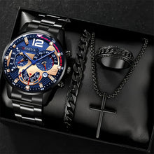 Load image into Gallery viewer, 4Pcs Men's Watch Set Quartz Watch Business Watch Alloy Wrist Watch Necklace Bracelet Ring Accessories Set Men's Gift

