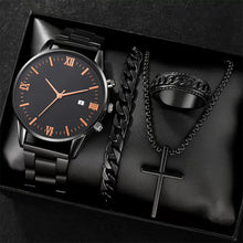 Load image into Gallery viewer, 4Pcs Men's Watch Set Business Quartz Watch With Calendar Wrist Watch Necklace Bracelet Ring Accessories Set Men's Gift
