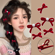 Load image into Gallery viewer, 4Pcs New Year Red Bow Pearl Hair Accessory Black Headwear Velvet Hairpin Hair Clamp Gift Women
