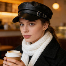 Load image into Gallery viewer, Large Belt Buckle Leather Beret Hat Unisex Flat Top Sailor Captain Hat Retro Punk Spring Autumn Black Caps
