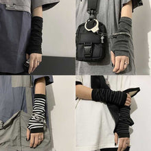 Load image into Gallery viewer, Y2K Gothic Lolita Gloves Arm Cover Harajuku Arm Warmers Black Grey Striped Fingerless Punk Long Wristband Metallic Unisex Gloves
