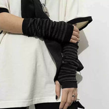 Load image into Gallery viewer, Y2K Gothic Lolita Gloves Arm Cover Harajuku Arm Warmers Black Grey Striped Fingerless Punk Long Wristband Metallic Unisex Gloves
