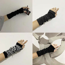 Load image into Gallery viewer, Y2K Gothic Lolita Gloves Arm Cover Harajuku Arm Warmers Black Grey Striped Fingerless Punk Long Wristband Metallic Unisex Gloves
