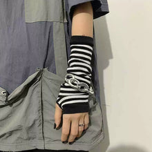 Load image into Gallery viewer, Y2K Gothic Lolita Gloves Arm Cover Harajuku Arm Warmers Black Grey Striped Fingerless Punk Long Wristband Metallic Unisex Gloves
