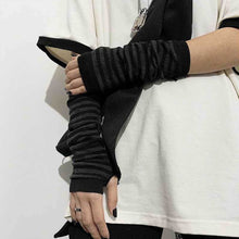 Load image into Gallery viewer, Y2K Gothic Lolita Gloves Arm Cover Harajuku Arm Warmers Black Grey Striped Fingerless Punk Long Wristband Metallic Unisex Gloves

