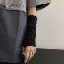 Load image into Gallery viewer, Y2K Gothic Lolita Gloves Arm Cover Harajuku Arm Warmers Black Grey Striped Fingerless Punk Long Wristband Metallic Unisex Gloves
