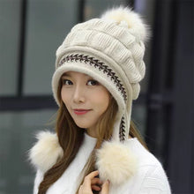 Load image into Gallery viewer, Soft Winter Warm Fur Hat Fleece Lined Earflap Hat For Women Knitted Beanie Casual Slouchy Thick Thermal Cap For Cold Weather
