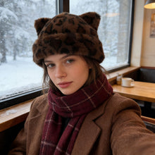 Load image into Gallery viewer, Winter Leopard Print Plush Hat Women Cute Cat Bear Ear Plush Bucket Beanie Retro Warm Ear Protection Fisherman Cap

