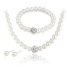 Load image into Gallery viewer, 3 Pcs Imitation White Pearl Jewelry Set Silver Color Crystal Rhinestone Necklace Bracelet Stud Earrings Elegant Bridal Luxury Women Birthday Party Gift
