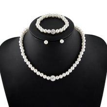 Load image into Gallery viewer, 3 Pcs Imitation White Pearl Jewelry Set Silver Color Crystal Rhinestone Necklace Bracelet Stud Earrings Elegant Bridal Luxury Women Birthday Party Gift
