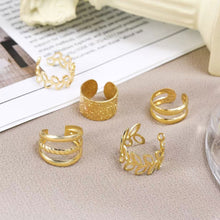 Load image into Gallery viewer, 5pcs Set Elegant Leaf Shaped Hollow Circle Stacked Ear Cuff No Piercing Clip On Earrings Gold Bridal Wedding Jewelry For Women Female Gift
