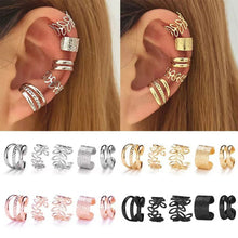 Load image into Gallery viewer, 5pcs Set Elegant Leaf Shaped Hollow Circle Stacked Ear Cuff No Piercing Clip On Earrings Gold Bridal Wedding Jewelry For Women Female Gift
