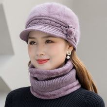 Load image into Gallery viewer, Women Fashion Elegant Knitted Cap Scarf Set Winter Warm Fleece Hat Collar Casual Flower Knitted Hat Accessories Gift
