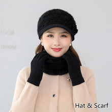 Load image into Gallery viewer, Women Fashion Elegant Knitted Cap Scarf Set Winter Warm Fleece Hat Collar Casual Flower Knitted Hat Accessories Gift
