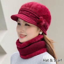 Load image into Gallery viewer, Women Fashion Elegant Knitted Cap Scarf Set Winter Warm Fleece Hat Collar Casual Flower Knitted Hat Accessories Gift
