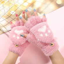 Load image into Gallery viewer, Womens Cute Cat Paw Plush Warm Gloves Flip Top Fingerless Half Finger Thick Mittens Soft Furry Lined Winter Outdoor Cozy Gift For Girls
