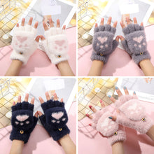 Load image into Gallery viewer, Womens Cute Cat Paw Plush Warm Gloves Flip Top Fingerless Half Finger Thick Mittens Soft Furry Lined Winter Outdoor Cozy Gift For Girls
