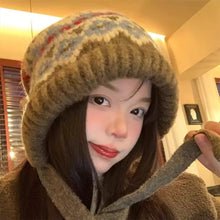 Load image into Gallery viewer, Striped Spliced Knitted Brimless Hat Ethnic Retro Style Woolen Hats Autumn Winter Thickened Warm Resistant Ear Protection Caps
