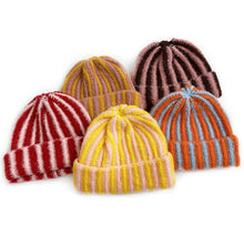 Load image into Gallery viewer, Autumn and Winter New Korean Feather Yarn Striped Wool Beanie Cap Women Showing Face Small Cold Knitted Cold Hat Men
