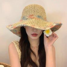 Load image into Gallery viewer, Women Summer Colorful Woven Straw Hat Hollow Out Large Brim UV Protection Sun Hat For Seaside Vacation
