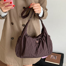 Load image into Gallery viewer, Nylon Plaid Pleated Cloud Bag Large Capacity Zipper Tote Drawstring Commuter Crossbody Shoulder Handbag
