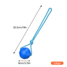 Load image into Gallery viewer, Solid Rubber Rope Ball Dog Toy Bite Resistant Chew Ball with Rope Handle for Interactive Tug of War &amp; Outdoor Fetch Training Toy for Medium Large Dogs
