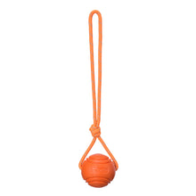Load image into Gallery viewer, Solid Rubber Rope Ball Dog Toy Bite Resistant Chew Ball with Rope Handle for Interactive Tug of War &amp; Outdoor Fetch Training Toy for Medium Large Dogs
