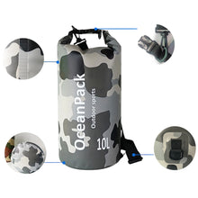 Load image into Gallery viewer, 2/5/10L Camo Waterproof Bucket Bag PVC Dry and Wet Separation Bag Outdoor Shoulder Bag for Swimming Beach River Tracing Hiking
