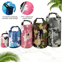 Load image into Gallery viewer, 2/5/10L Camo Waterproof Bucket Bag PVC Dry and Wet Separation Bag Outdoor Shoulder Bag for Swimming Beach River Tracing Hiking
