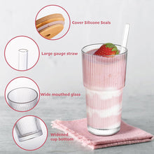 Load image into Gallery viewer, 20oz Borosilicate Glass Cup with Lid and Straw Vertical Stripes Tumbler for Iced Coffee Juice Smoothie Reusable Water Bottle for Home Office Gym Home
