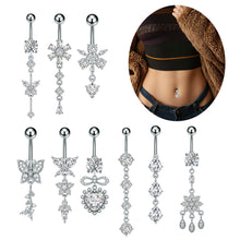 Load image into Gallery viewer, Stainless Steel Heart Butterfly Crystal Dangle Belly Button Ring Zircon Flower Barbell Navel Piercing Jewelry for Women Men
