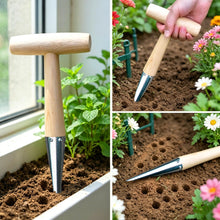 Load image into Gallery viewer, Stainless Steel Seedling Transplanter with Wooden Handle Multifunctional Gardening Seeder for Drilling Hole Transplanting Flower Vegetable Planting
