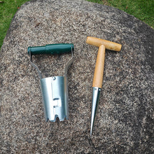 Load image into Gallery viewer, Stainless Steel Seedling Transplanter with Wooden Handle Multifunctional Gardening Seeder for Drilling Hole Transplanting Flower Vegetable Planting
