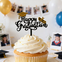 Load image into Gallery viewer, Black Gold Acrylic Graduation Cap Cake Topper Congrats Bachelor Hat For Graduation Birthday Party Cake Decoration
