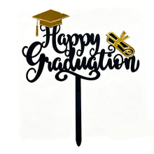 Load image into Gallery viewer, Black Gold Acrylic Graduation Cap Cake Topper Congrats Bachelor Hat For Graduation Birthday Party Cake Decoration
