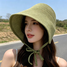 Load image into Gallery viewer, Women Linen Straw Regency Bonnet Hat Geometric Pattern Big Wide Brim Sun Hat Adjustable Lace Up Bow Beach Summer Outdoor Cap
