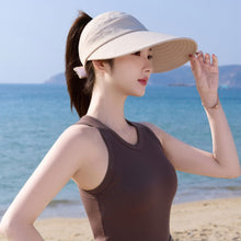 Load image into Gallery viewer, Women Empty Top Wide Brim Sun Hat Foldable Ponytail Cap UV Protection Windproof Hard Brim Adjustable Beach Riding Summer Hat
