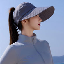 Load image into Gallery viewer, Women Empty Top Wide Brim Sun Hat Foldable Ponytail Cap UV Protection Windproof Hard Brim Adjustable Beach Riding Summer Hat

