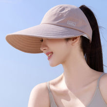 Load image into Gallery viewer, Women Empty Top Wide Brim Sun Hat Foldable Ponytail Cap UV Protection Windproof Hard Brim Adjustable Beach Riding Summer Hat
