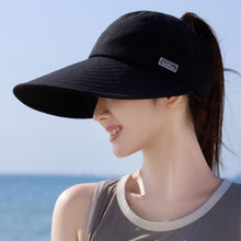 Load image into Gallery viewer, Women Empty Top Wide Brim Sun Hat Foldable Ponytail Cap UV Protection Windproof Hard Brim Adjustable Beach Riding Summer Hat
